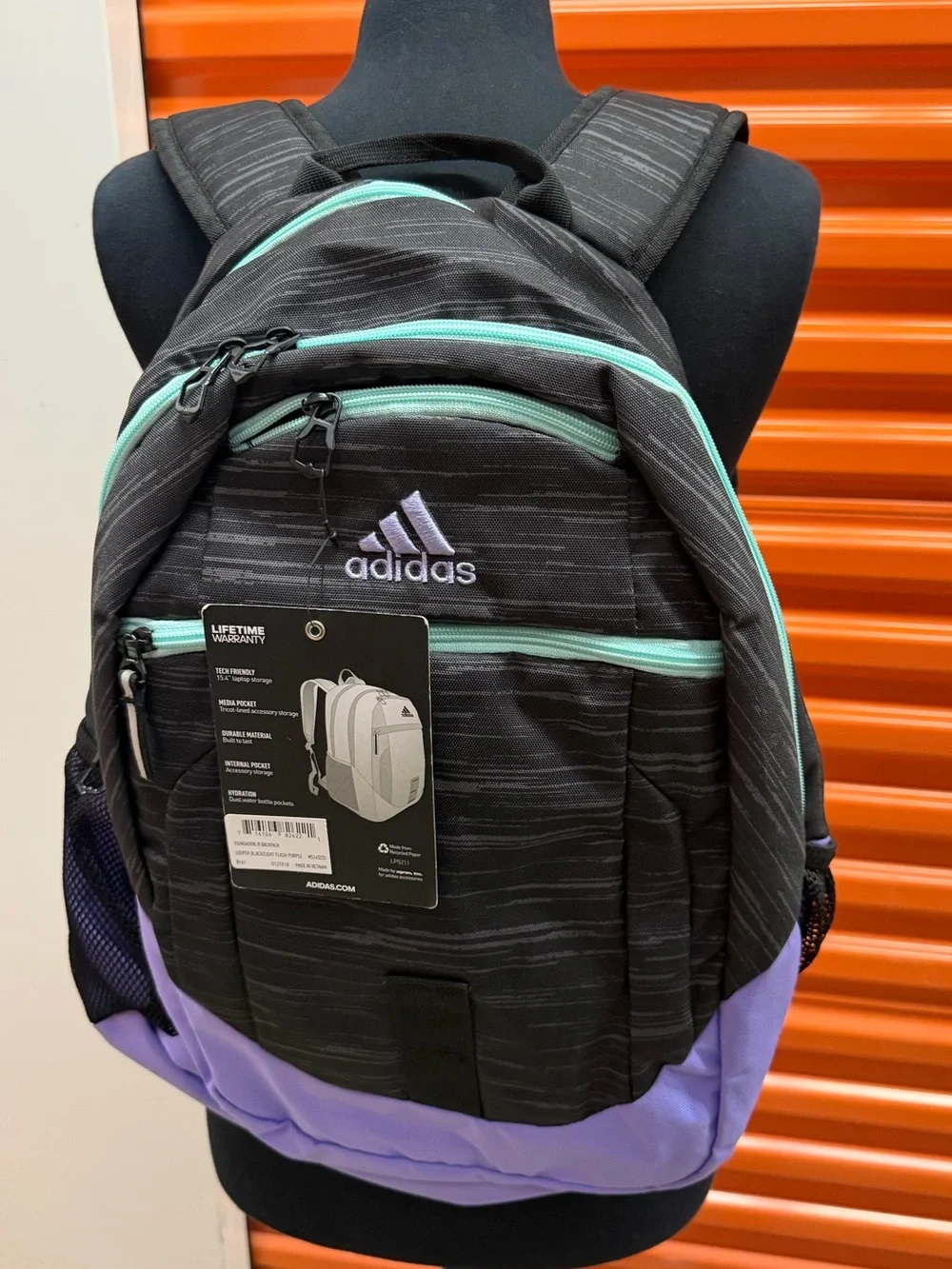 NWT Adidas Foundation ||| Black Backpack with Lavender Base and Mint Zippers